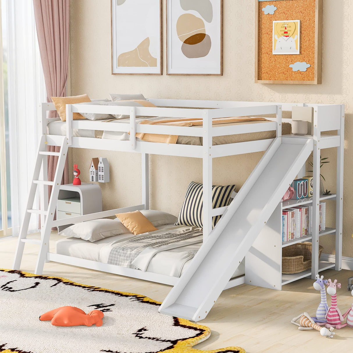 Harper & Bright Designs Full Over Full Bunk Bed with Slide, Bookshelves and Ladders, Solid Wood Floor Bunk Loft Bed Frame for Kids Girls Boys (White) Harper & Bright Designs