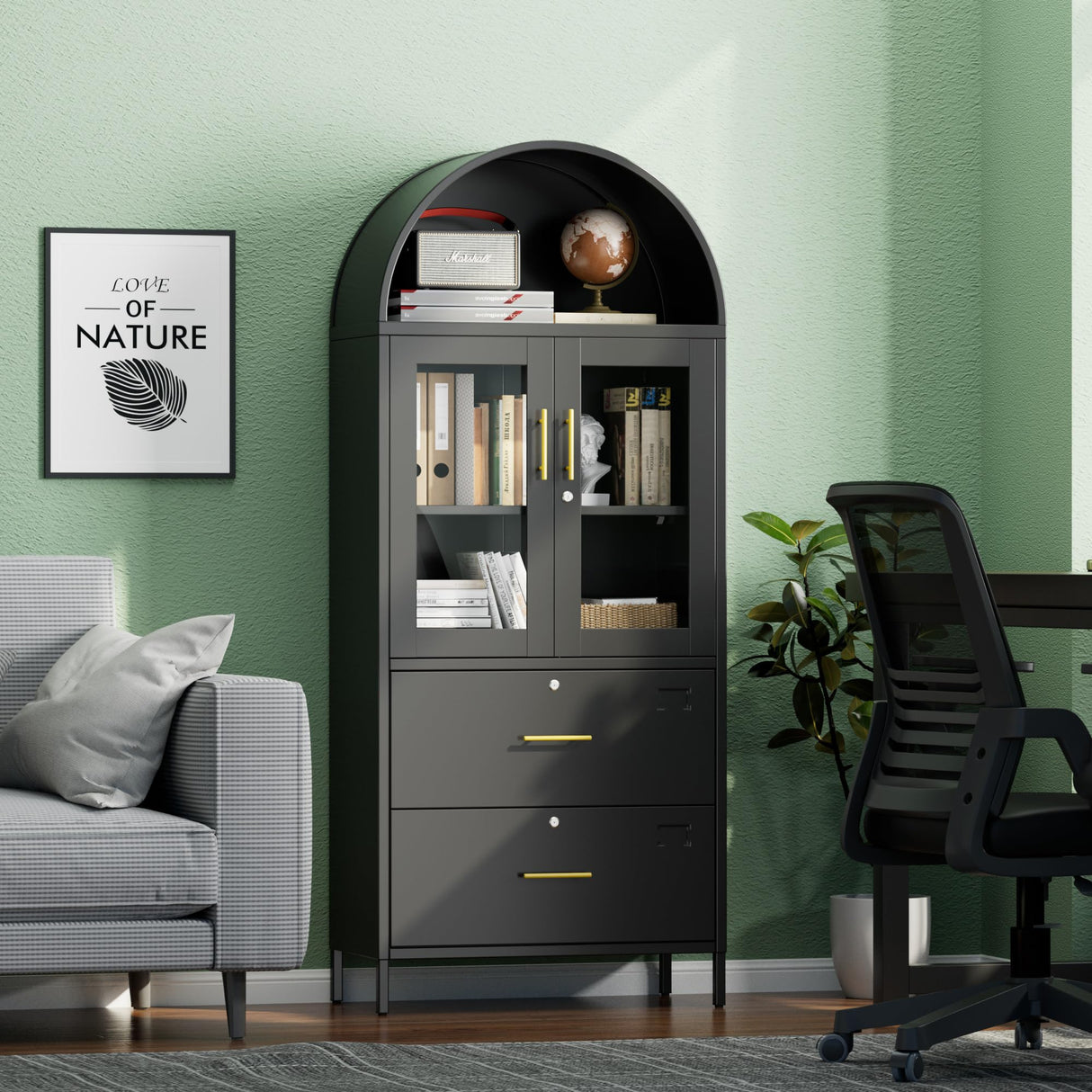 GangMei 2 Drawer Lateral File Cabinets for Home Office, 73 inch Tall Metal Arch Cabinet with Locking Glass Doors, Black Arched Bookcase with Drawers for A4/Letter/Legal File(Assemble Required) GangMei