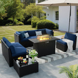 VONZOY 8 Pieces Outdoor Patio Furniture Set with 44" Fire Pit Table Black Rattan Sectional Conversation Sets w/Gas Fire Pit, Coffee Table, 2 Waterproof Covers, Navy Blue VONZOY