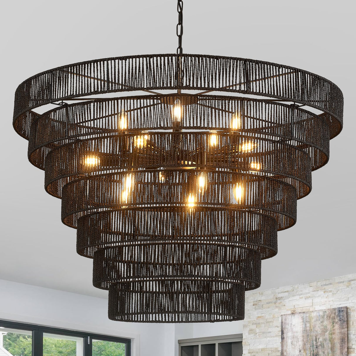 YOMECOO 39.4“ Large Hand-Woven Rattan Chandelier Vintage Farmhouse 15-Lights Boho Bamboo Black Chandeliers Light Fixture Retro Drum Wicker Rattan Chandelier for Dining Room, Living Room, Kitchen, E12 YOMECOO