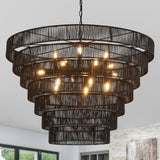 YOMECOO 39.4“ Large Hand-Woven Rattan Chandelier Vintage Farmhouse 15-Lights Boho Bamboo Black Chandeliers Light Fixture Retro Drum Wicker Rattan Chandelier for Dining Room, Living Room, Kitchen, E12 YOMECOO