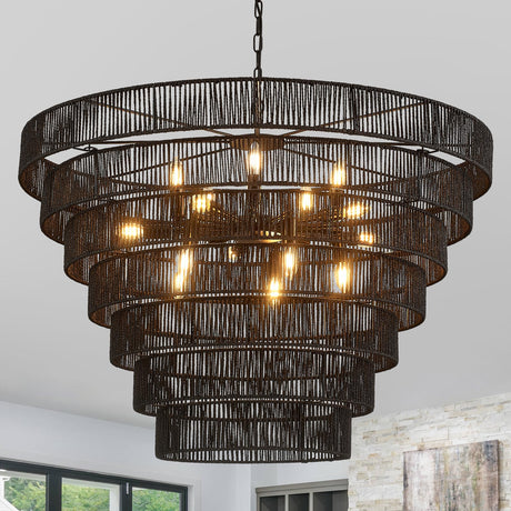 YOMECOO 39.4“ Large Hand-Woven Rattan Chandelier Vintage Farmhouse 15-Lights Boho Bamboo Black Chandeliers Light Fixture Retro Drum Wicker Rattan Chandelier for Dining Room, Living Room, Kitchen, E12 YOMECOO