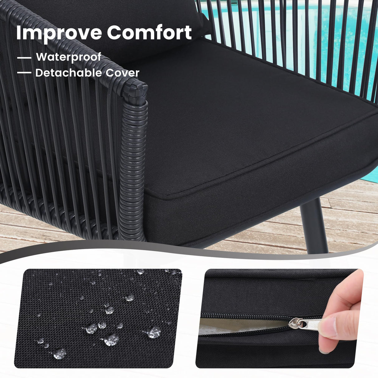 Kromax 3 Pieces Patio Rattan Bistro Conversation Set, Outdoor All-Weather Wicker Furniture Chairs and Side Table Set Ideal for Balcony, Porch and Backyard, Black Kromax