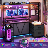 UPOSOJA Gaming Desk with Hutch, 65in Reversible Computer Desk with Power Outlets LED Light, Home Office Desk with Monitor Stand 2 Drawers 4 Storage Shelves Pegboard 8 Hooks Mouse Pad (Black) UPOSOJA