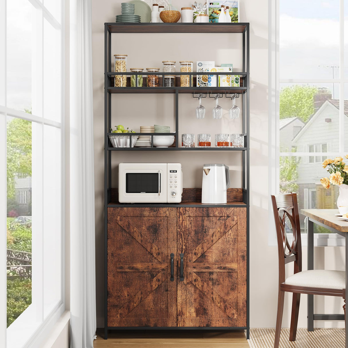 GarveeHome Tall Bar Cabinet 70.8" in Wine Cabinet Freestanding Liquor Cabinet with Goblet Holder 5 Tier Bakers Rack with Cabinet Large Baker Rack with Storage Standing Microwave Stand Wine Rack GarveeHome