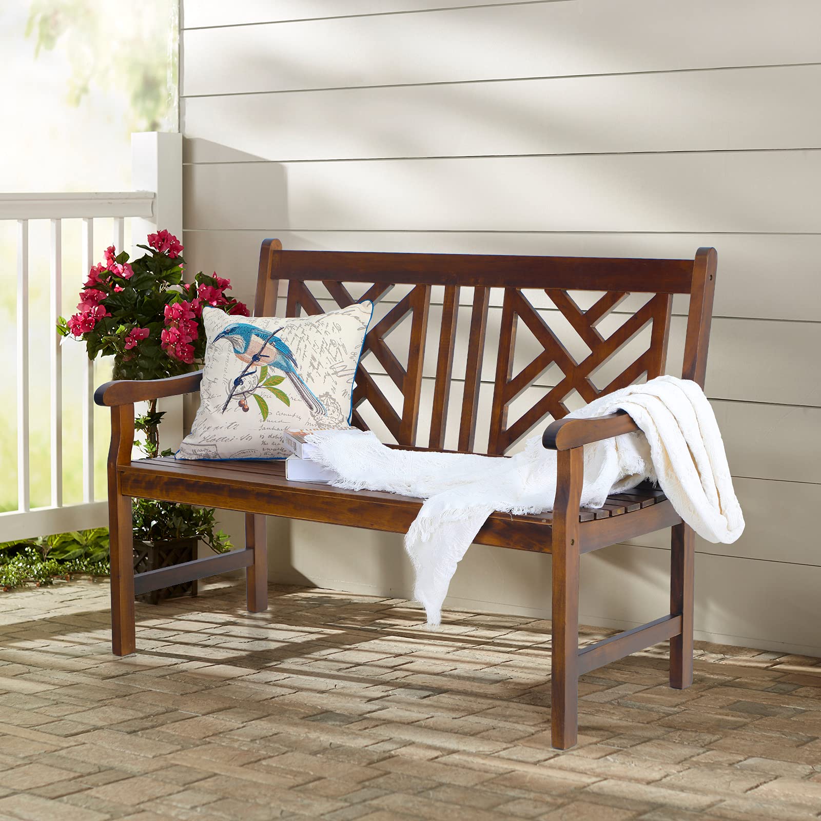 Sophia & William Walnut Outdoor Garden Bench - 47" Weatherproof Wooden Patio Seating with Backrest - WoodArtSupply