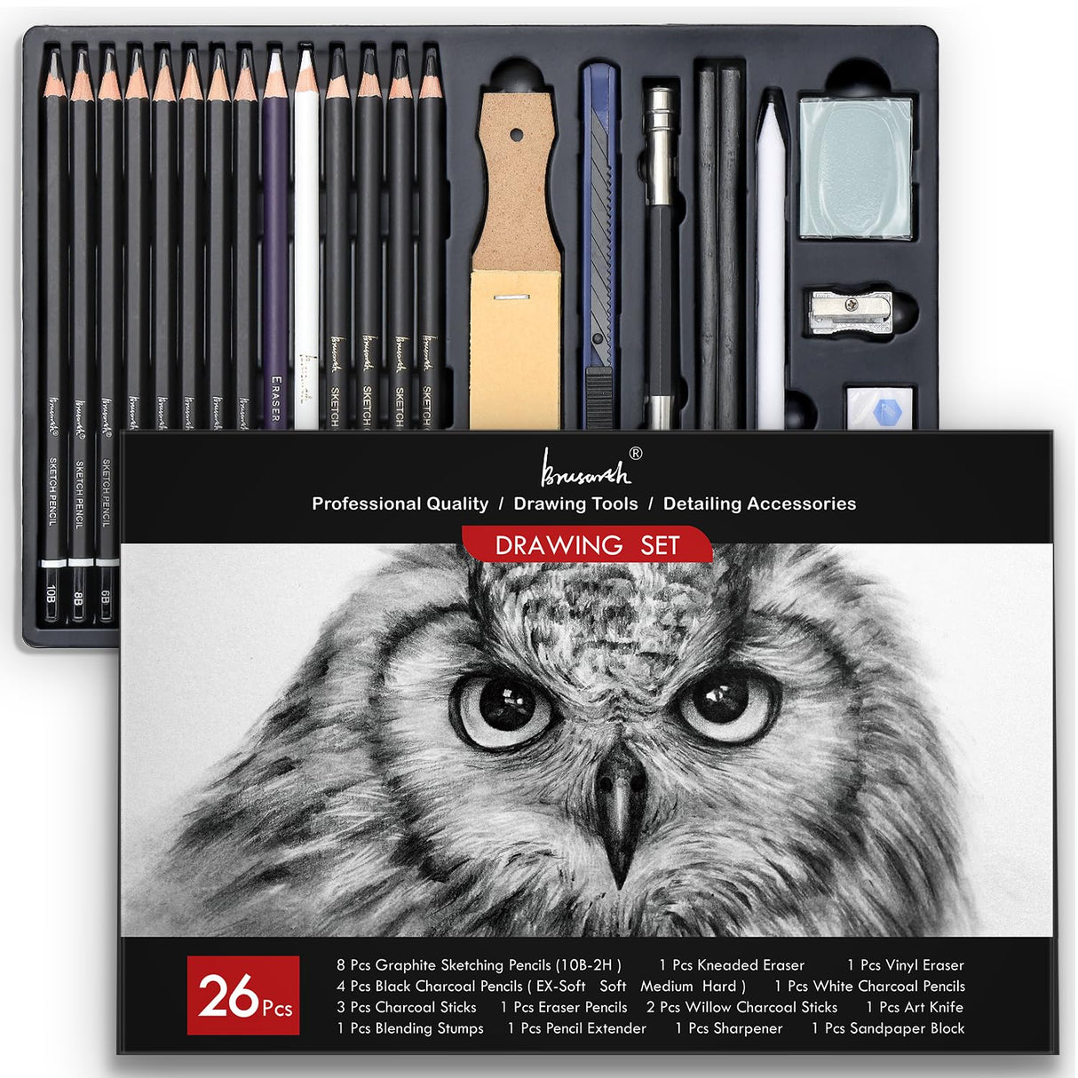 Brusarth Charcoal Pencils for Drawing, Set of 26, Professional Drawing Sketch Pencils, Art Supplies for Drawing, Shading, Sketching, Blending, Artist Pencils for Beginners & Pro Artists Brusarth