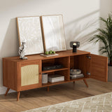 DIYART Brown Rattan TV Stand for 60 Inch TV, Wooden Mid Century Modern Entertainment Center with Natural Rattan Door, Boho Media TV Console for Living Room DIYART