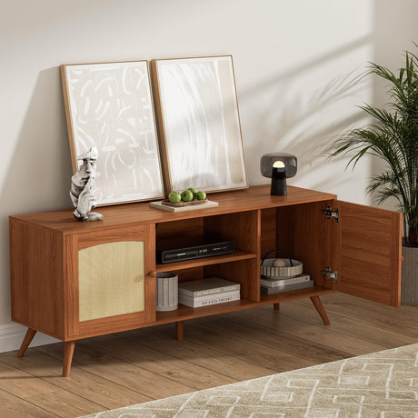 DIYART Brown Rattan TV Stand for 60 Inch TV, Wooden Mid Century Modern Entertainment Center with Natural Rattan Door, Boho Media TV Console for Living Room DIYART