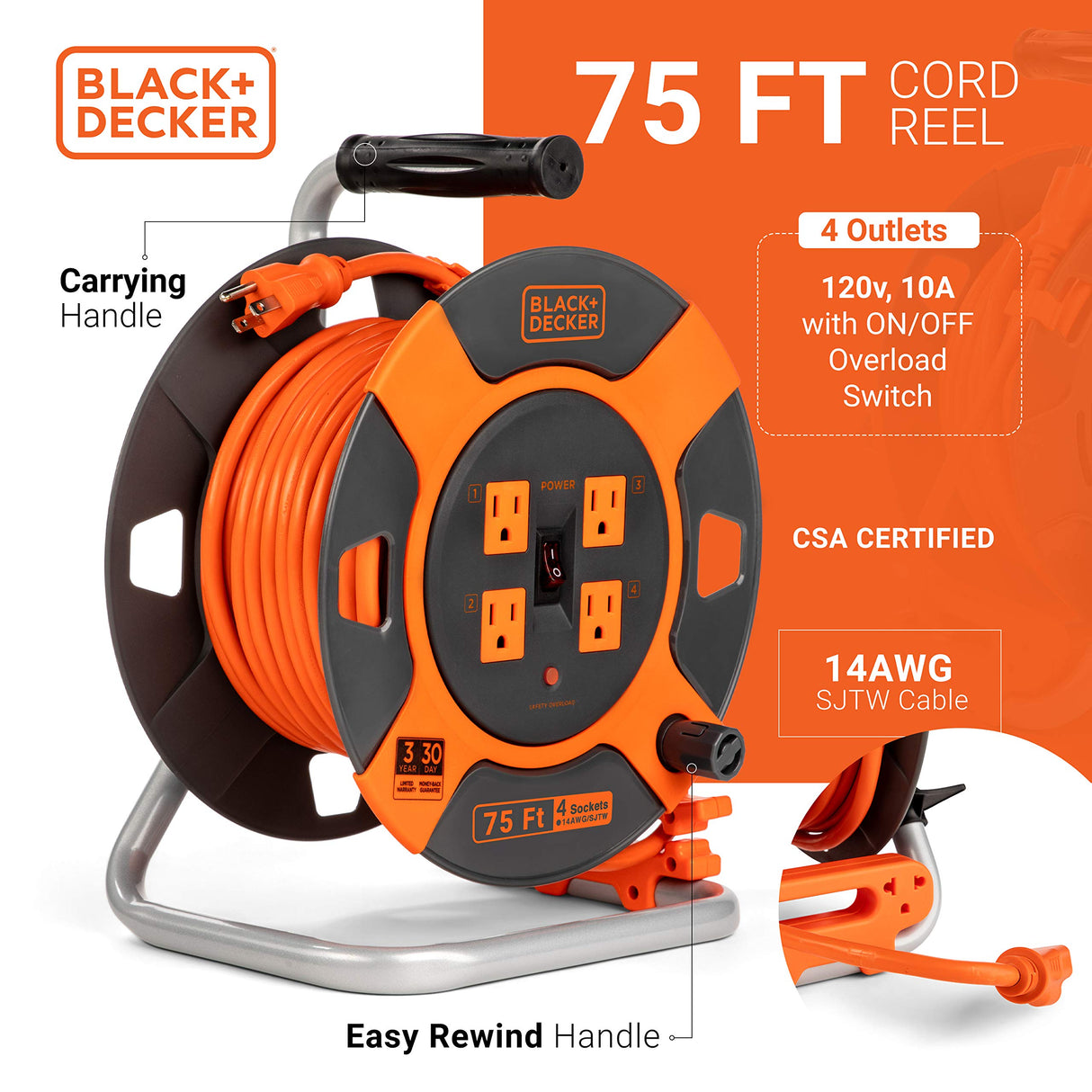 BLACK+DECKER 75 Ft. Retractable Extension Cord Reel With 4 Outlets, Multi-Plug Extension, Easy Handle Rewind & Heavy-Duty 14AWG SJTW Cable Black + Decker