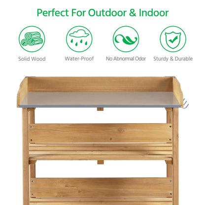 Yaheetech Outdoor Garden Potting Bench Table Wooden Horticulture Planting Worstation w/Metal Tabletop/Storage Shelf/3 Hooks, Natural Wood - WoodArtSupply