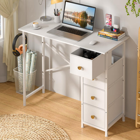 DAOUTIME Small Writing Desk with 4 Fabric Drawers, 35.4 Inch Computer Desk for Home Office, Simple PC Desk for Small Places, Kids Girls Teen Study Table for Bedroom Dorm, White DAOUTIME
