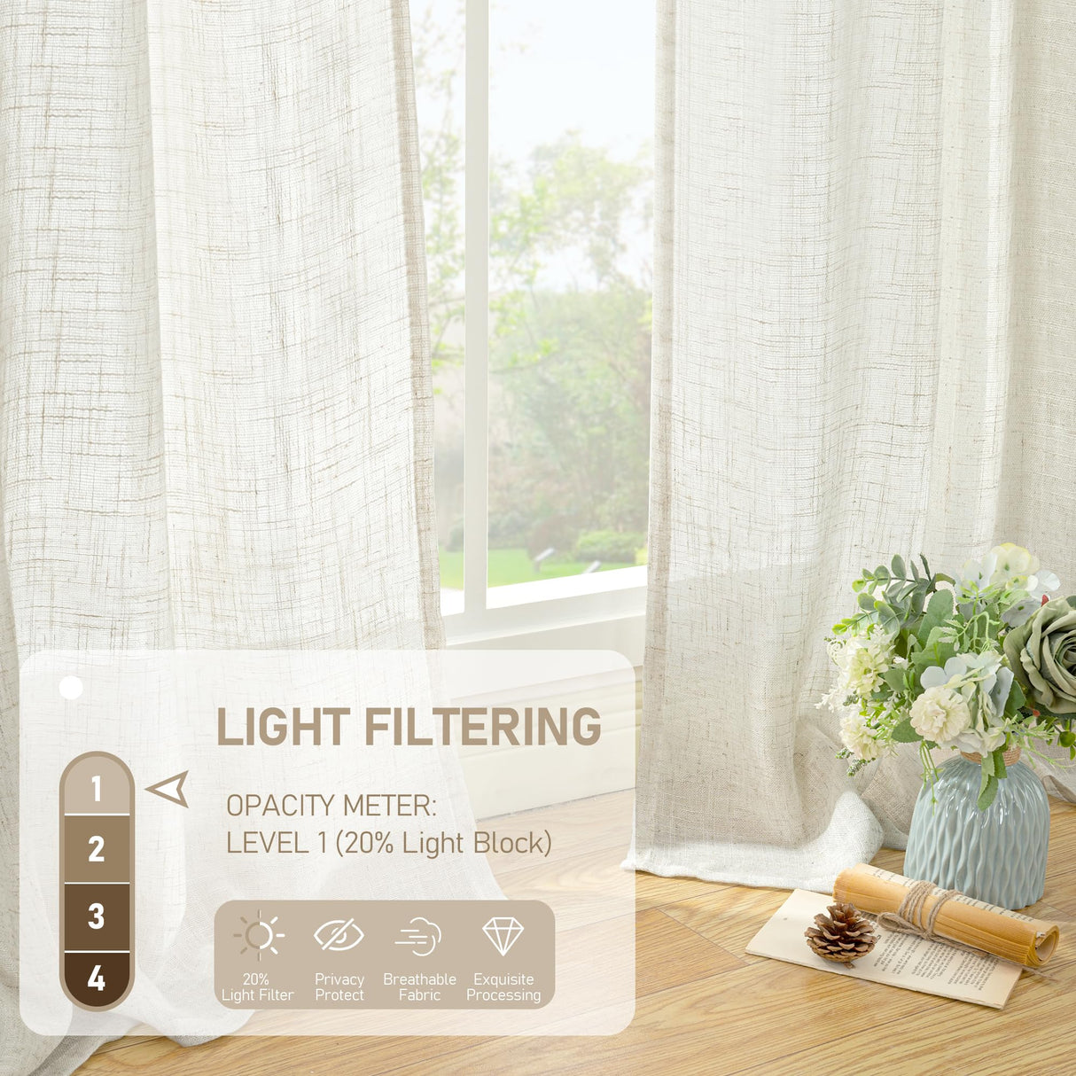 LAMIT Natural Ivory Semi Sheer Linen Curtains 84 inch Long, Cream White Light Filtering Living Room Panels Back Tab and Rod Pocket Neutral Drapes for Bedroom/Farmhouse, 2 Panels, 52 x 84 Inch LAMIT