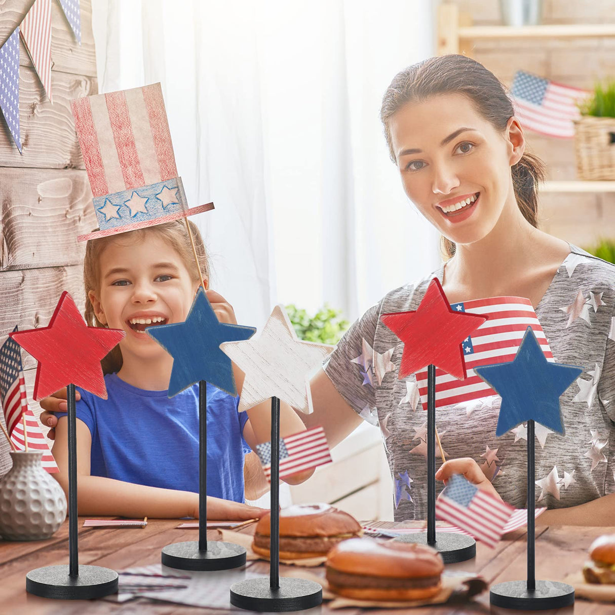 6 Pcs 4th of July Wooden Star Decoration Independence Day Standing Wooden Star Tiered Tray Decor Farmhouse Rustic Patriotic Blocks Memorial Day Tabletop Decor for American Festival Home Decorations BBTO