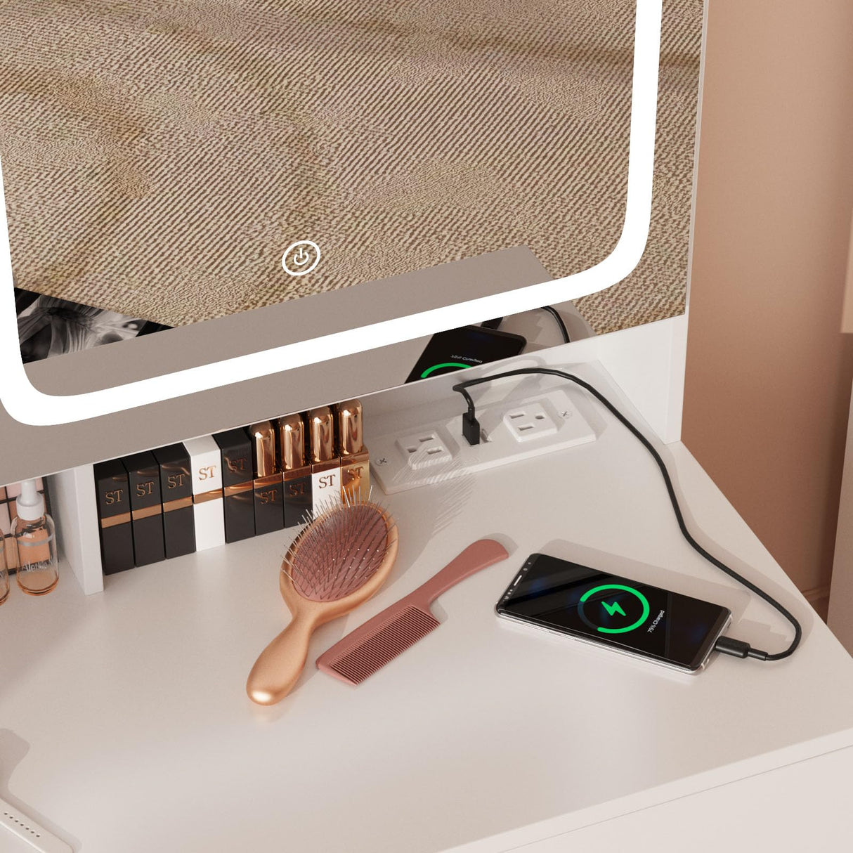 Vabches Vanity Makeup Mirror Desk with Stool,Makeup Vanity Set with 6 Drawers and Shelves,Vanity Table with Power Strip,Vanity Mirror 3 Lighting Color Adjustable,White Vabches