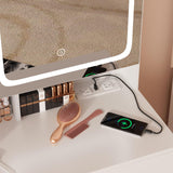 Vabches Vanity Makeup Mirror Desk with Stool,Makeup Vanity Set with 6 Drawers and Shelves,Vanity Table with Power Strip,Vanity Mirror 3 Lighting Color Adjustable,White Vabches