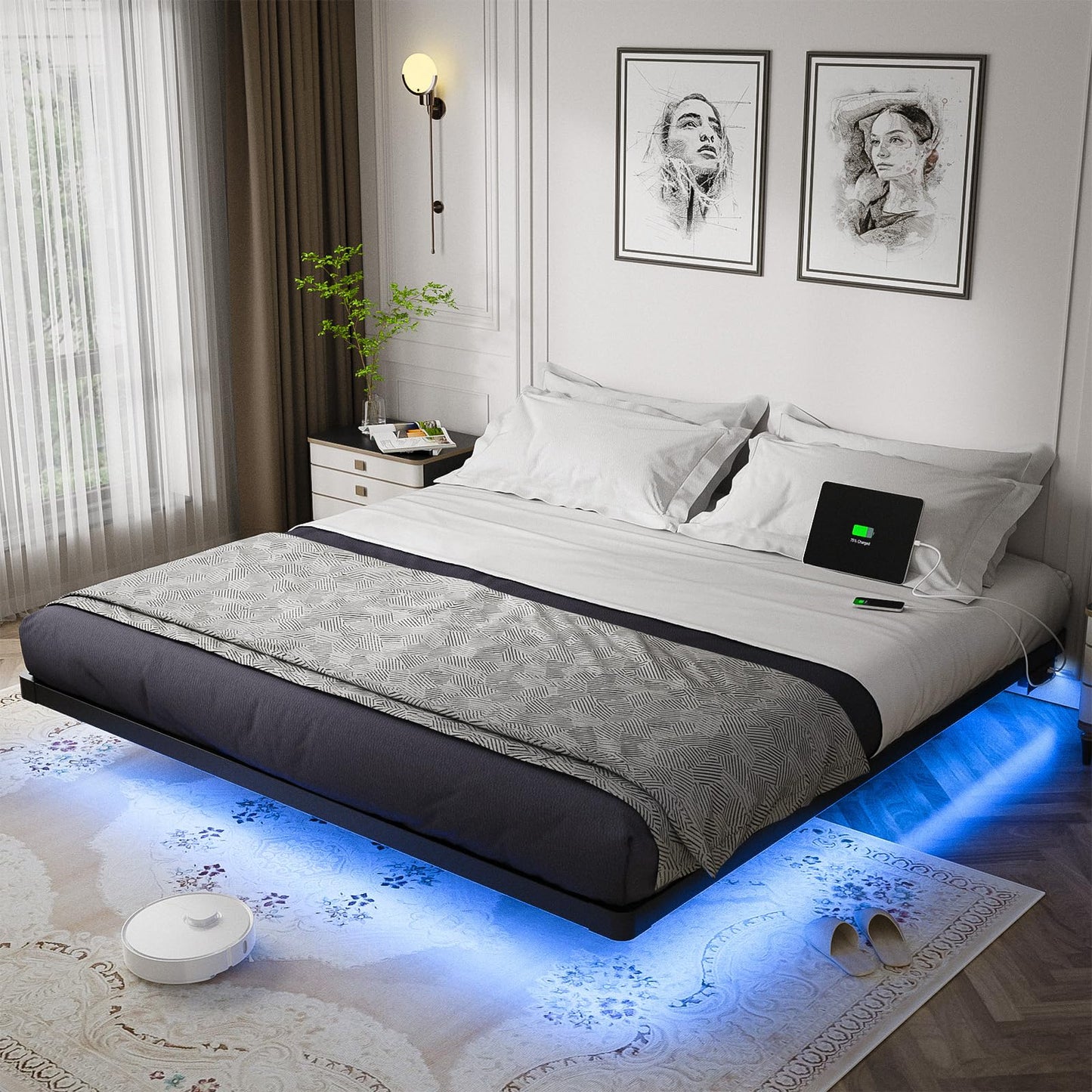 OLEVS King Size Floating Bed Frame with LED Lights and Charging Station - Stylish Metal Platform, No Box Spring Required - WoodArtSupply