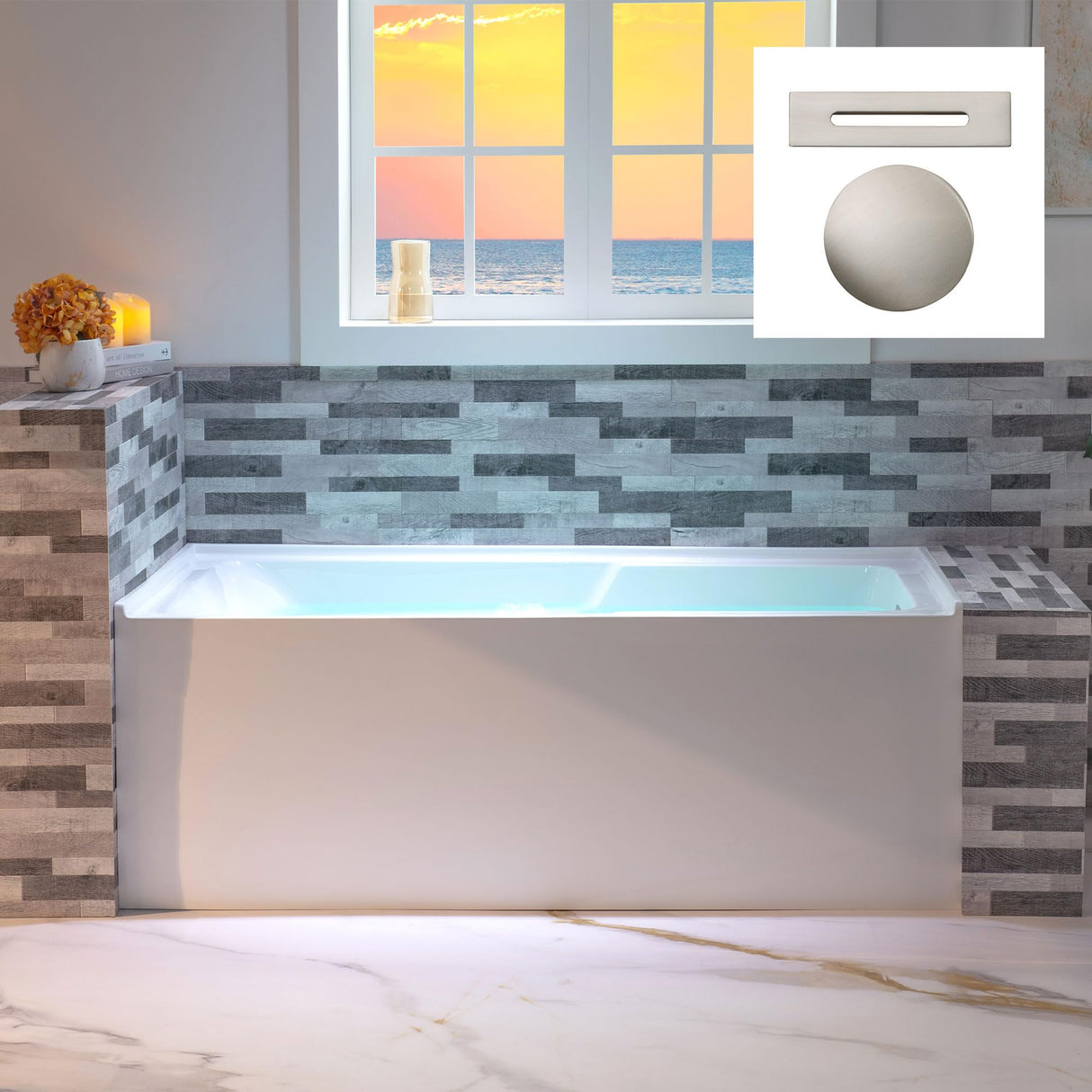 WOODBRIDGE 60" Acrylic Rectangular Alcove Soaking Bathtub in White with Right Drain, Brushed Nickel Pop-Up Drain Included BA6030R WOODBRIDGE