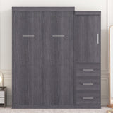 SOFTSEA Twin Size Murphy Bed, Farmhouse Wood Hidden Foldable Wall Bed Frame with Wardrobe and Storage Drawers, Can be Folded into a Cabinet, No Box Spring Needed, Grey SOFTSEA