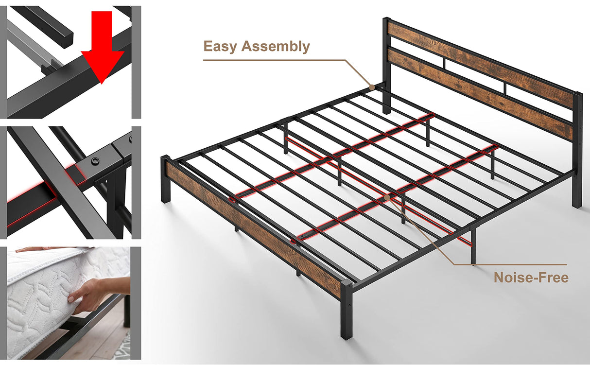 LIKIMIO King Bed Frame and Headboard, Easy Assembly, Noise-Free, No Box Spring Needed, Heavy Strong Metal Support Frames, Vintage Brown LIKIMIO