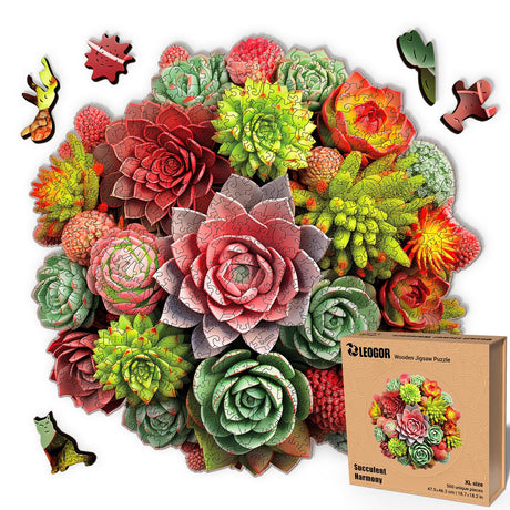 LEOGOR Large Wooden Puzzles for Adults 500 Piece – Colorful Succulent Jigsaw Puzzle with Unique Laser Cut Animal-Shaped and Flowers-Inspired Wood Pieces – Challenging Design, XL Size 18.7'' x 18.2'' LEOGOR