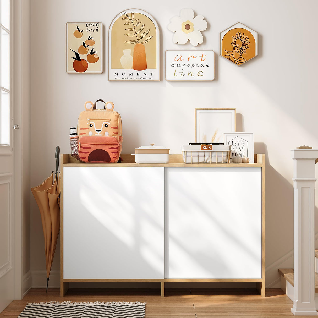 HIFIT Kitchen Buffet Cabinet with Storage, 43" Farmhouse Modern Coffee Bar Storage Cabinet with Sliding Doors/Shelf/Microwave Stand, Accent Sideboard for Kitchen Dining Living Room Entryway, White-Oak HIFIT