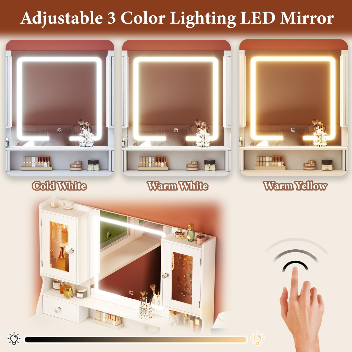 LIMGLIM Vanity Desk with Led Mirror and RGB Lights, 42" Makeup Vanity Desk with Power Outlet, 3 Colors Lighting Adjustable Brightness, 7 Drawers & 2 Large Cabinets, 2 RGB Cabinets for Bedroom, White LIMGLIM