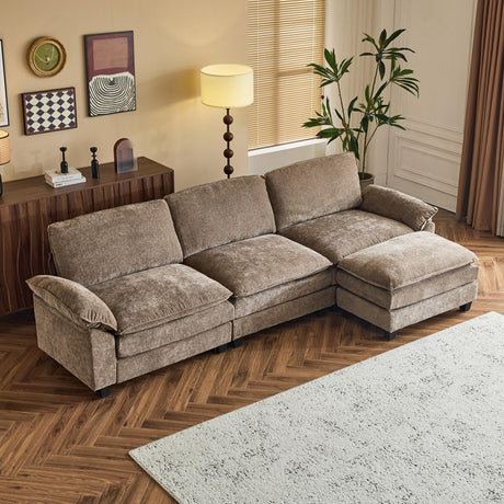 VINGLI Convertible Modular Sectional Sofa with Deep Seat & Movable 2-Layer Ottoman, L-shape Cloud Sofa with Chaise &Armrests, Oversized 3-Seater Couch for Living Room & Apartment, Chenille,Light-Brown VINGLI