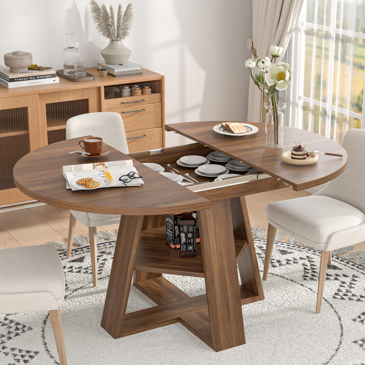 43.3in-59in Extendable Round Dining Table for 4-8,Modern Kitchen Oval Dining Table with Removable Leaves Space Saving,Wood Base with Storage Shelf for Kitchen Living Room (Walnut) Mxtxmy