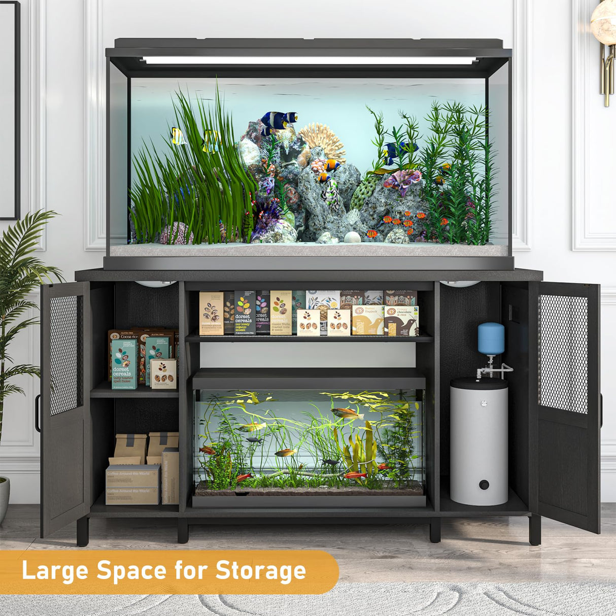 Hlivelood 55-75 Gallon Fish Tank Stand with Power Outlet&LED Light, Heavy Duty Metal Aquarium Stand for 2 Fish Tank Accessories Storage, Suit for Turtle Tank, Reptile Terrarium, 880lbs Capacity, Black Hlivelood