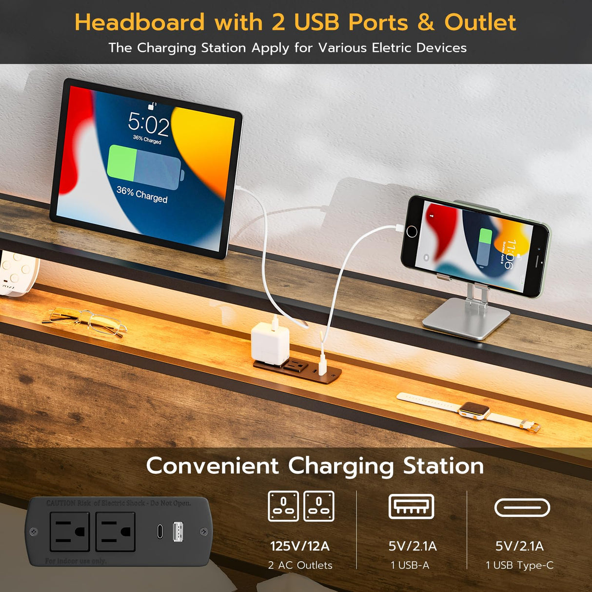 KZNGK King Size LED Headboard with Charging Station and Industrial Storage Design KZNGK