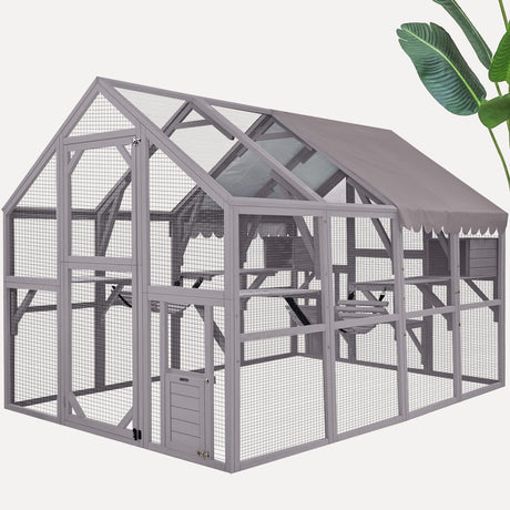 MEDEHOO Large Catio Outdoor Cat Enclosures Wooden Cat House with Sleeping Houses, Bridges, Walks, UV Proof Cover 74" H 110" L MEDEHOO