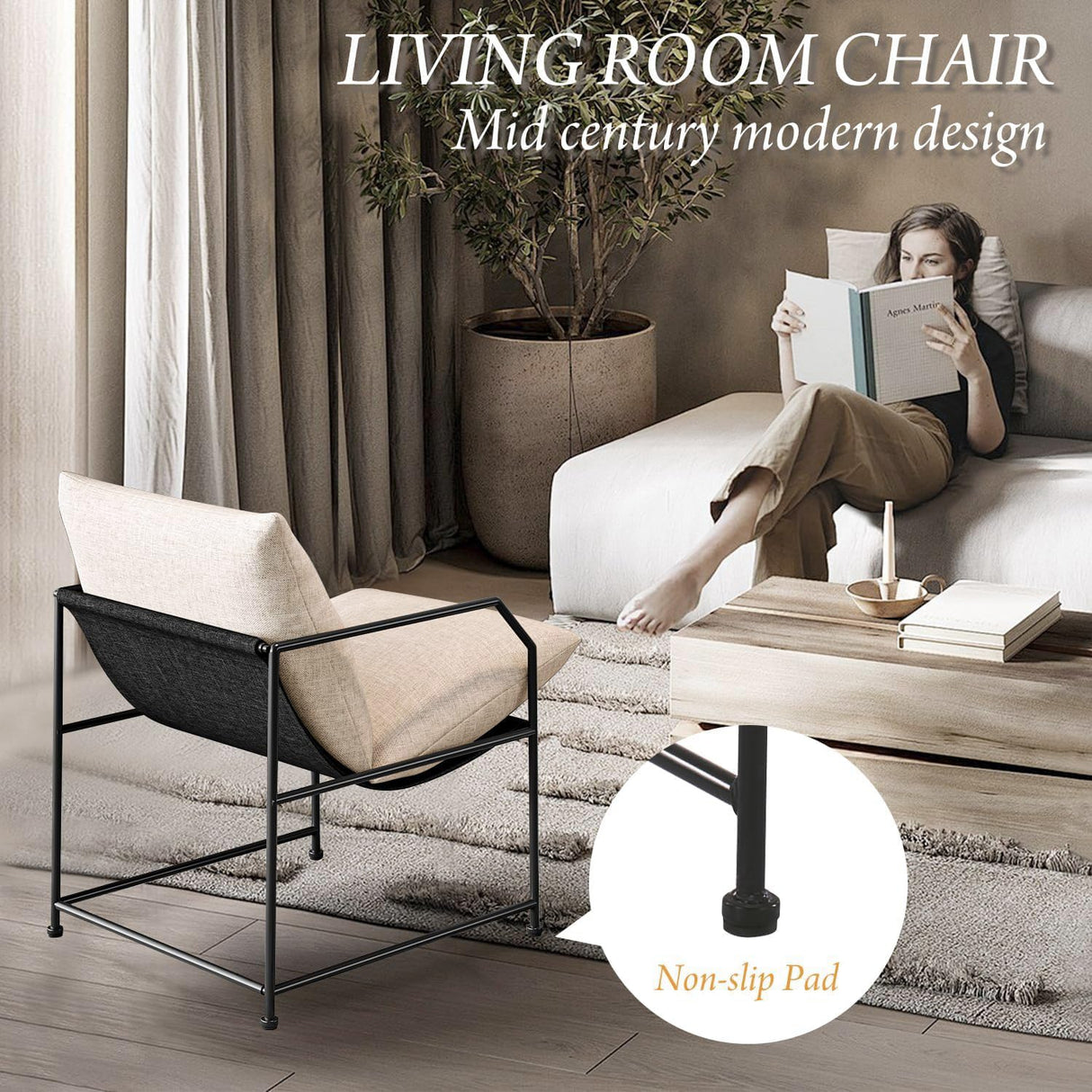 Accent Chair Living Room Chairs Accent Chairs Set of 2 Comfy Reading Chair for Bedroom Upholstered Lounge Chair Mid Century Modern Arm Chair Side Sofa Chair Armchair Waiting Room Chairs(Cream, 2) YEEFY