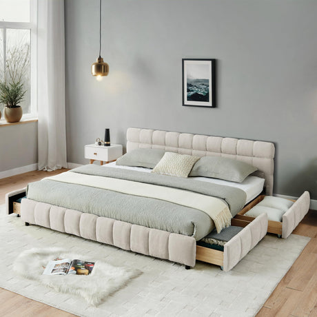 California King Cloud Bed Frame with Storage Drawers, Soft Padded Headboard Tufed Upholstered Low to Ground Floor Bed Marshmallow Bubble with Wood Slats No Box Spring Need, Noise-free(Beige Chenille) Deolme