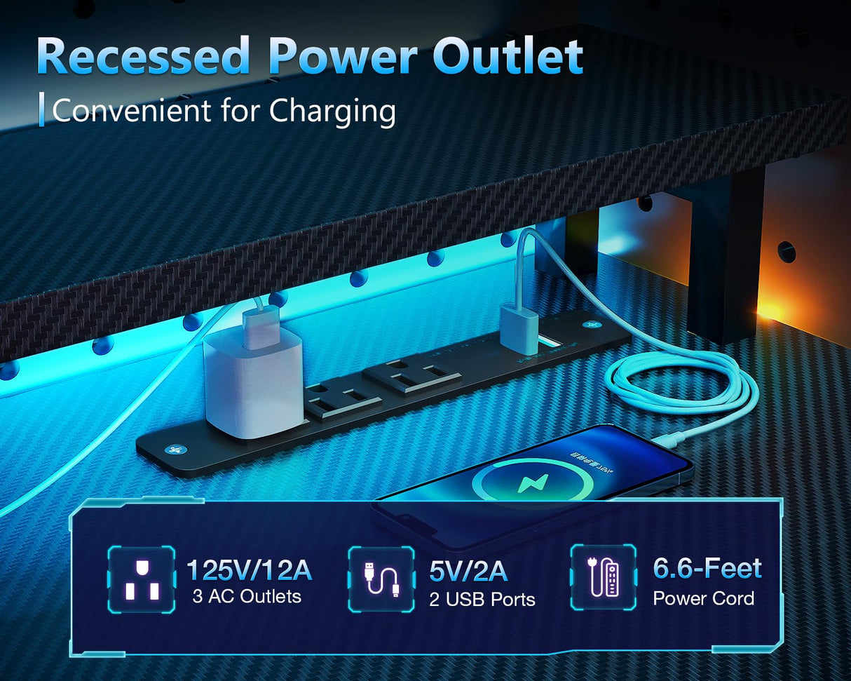 AODK 59 Inch Gaming Desk with USB Charging Ports & LED Light- Reversible Computer Desk with Storage Shelves & Monitor Stand, Modern Gamer Desk Table with Fabric Drawers & Side Hook, Carbon Fiber Black AODK