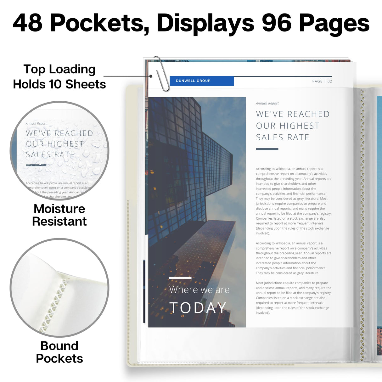 Dunwell Binder with Plastic Sleeves 48-Pocket (Ivory) - Presentation Book, 8.5 x 11 Portfolio Folder with Clear Sheet Protectors, Displays 96-Page Documents, Certificates, Important Papers Dunwell