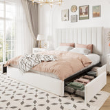 Allewie Queen Size Storage Bed Frame, Vertical Channel Tufted Adjustable Headboard, Velvet Upholstered Platform Bed with 4 Oversized Underbed Drawers, Wooden Slats Support, No Box Spring Needed, White Allewie