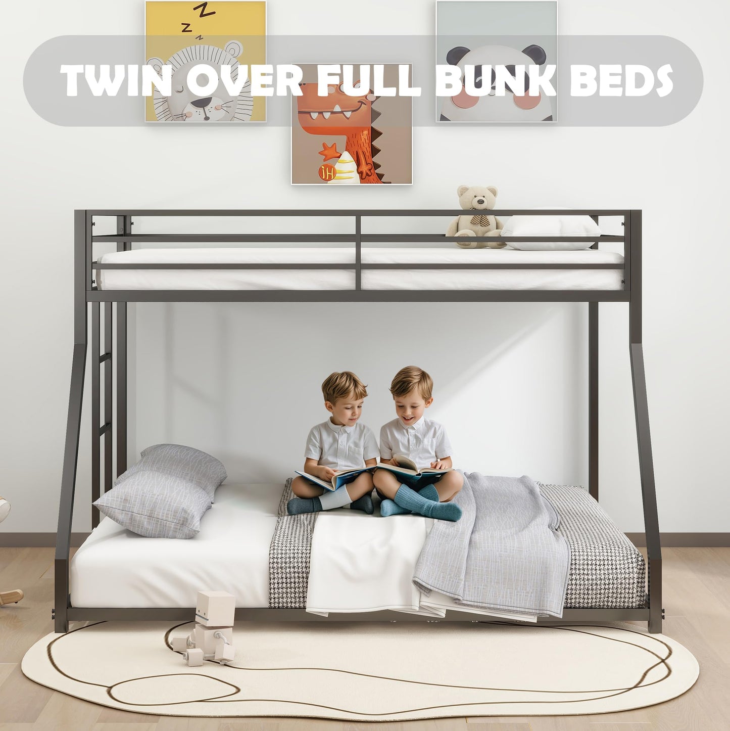 Twin Over Full Bunk Bed - LifeSky Metal Bunkbeds Full Bottom Low Profile Removable Side Ladder Black