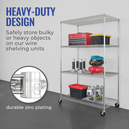 SafeRacks NSF Certified Storage Shelves, Heavy Duty Steel Wire Shelving Unit with Wheels and Adjustable Feet, Used as Pantry Shelf, Garage or Bakers Rack Kitchen Shelving - (24"x48"x72" 4-Tier)