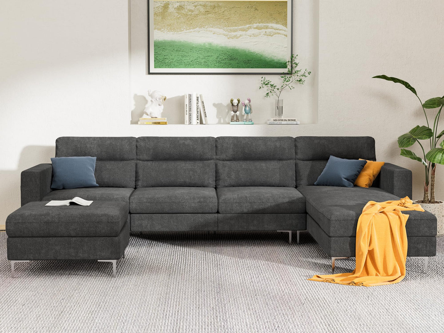 YESHOMY Convertible Sectional Sofa Modular Couch with Upholstered Chair and Moveable Ottoman, L-Shaped, 6 Seats, for Living Room, Dark Grey