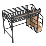 Metal Queen Size Loft Bed with Stairs and Wardrobe,Heavy Duty Loft Bed Frame with LED Lights and Charging Station for for Kids, Teens, Adults, Natural Wood Bellemave