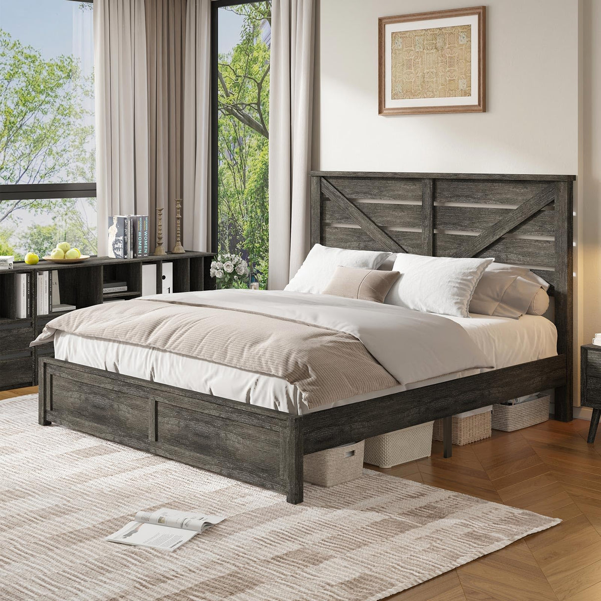 LUXOAK King Size Farmhouse Wooden Bed Frame, Platform Bed Frame with 49.2" Headboard/No Box Spring Needed/Noisy Free/Easy Assembly/Grey LUXOAK