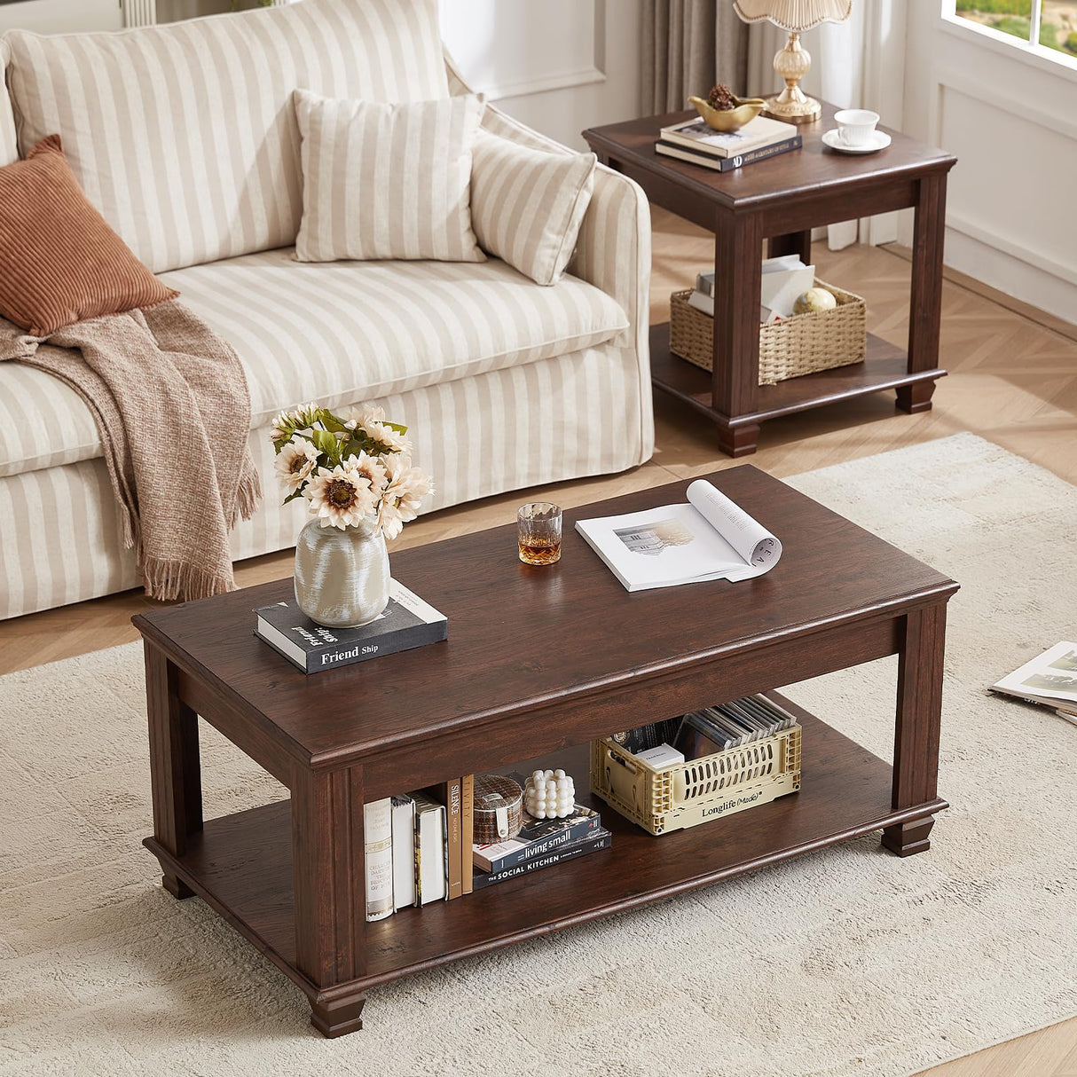 SAVOR LIFE Farmhouse Coffee Tables for Living Room,Square Living Room Tables with Open Storage Shelf,Large Modern Coffee Table,Rustic Brown Center Table,Walnut SAVOR LIFE