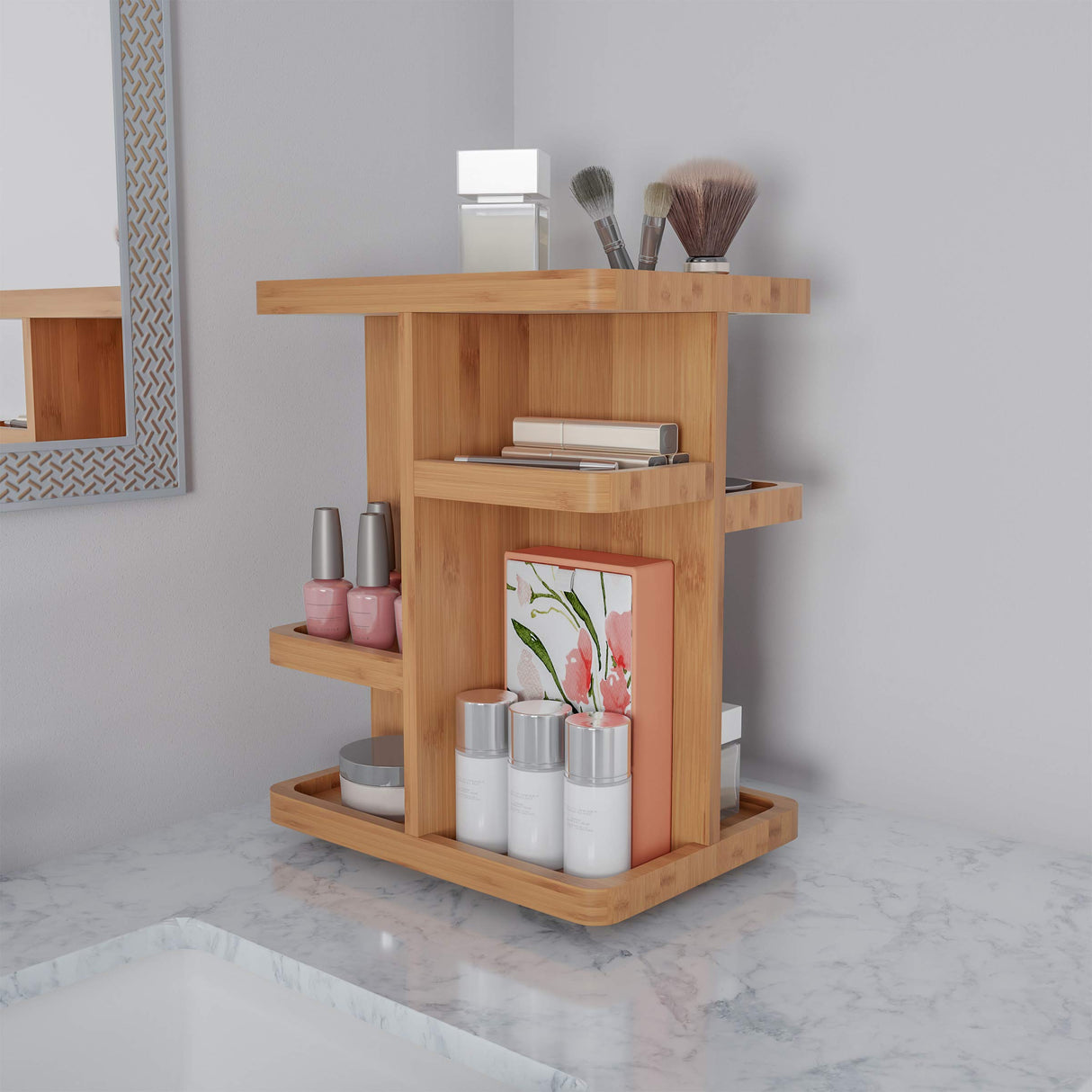 Lavish Home Makeup Organizer - Rotating Eco-Friendly Compact Modern Bamboo Skincare Cosmetic and Vanity Carousel for Bedroom, Bathroom, and Dorm Lavish Home