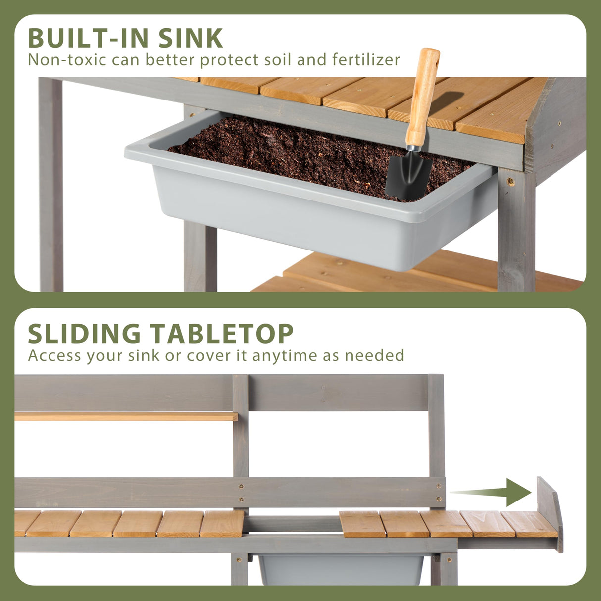 Wooden Potting Bench Table with Sink,Outdoor Garden Table Work Bench with Shelf, Workstation for Outside Lawn Patio Wood-Natrl