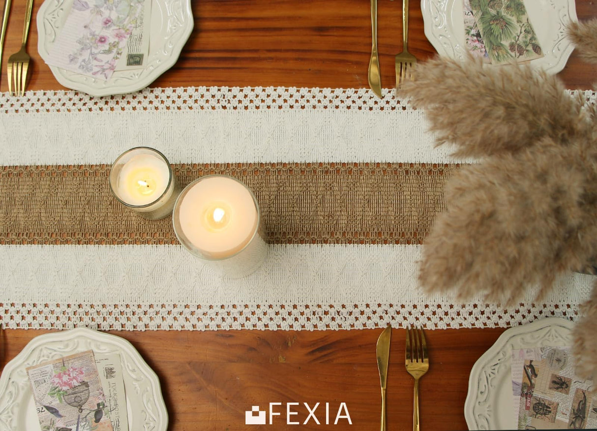 Fexia Boho Table Runner for Thanksgiving Home Decor with Tassels 90 Inch Cream & Brown Macrame Runner for Dining & Bedroom Baby Bridal Shower Decor(12x90 Inches) FEXIA