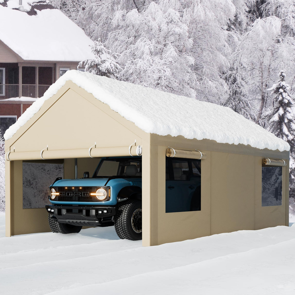 Walsunny Carport, 12x20 ft Heavy Duty Carport Canopy with Roll-up Windows, Portable Garage with Removable Sidewalls & Doors, Car Canopy with All-Season Tarp for Car, Truck, Boat Walsunny