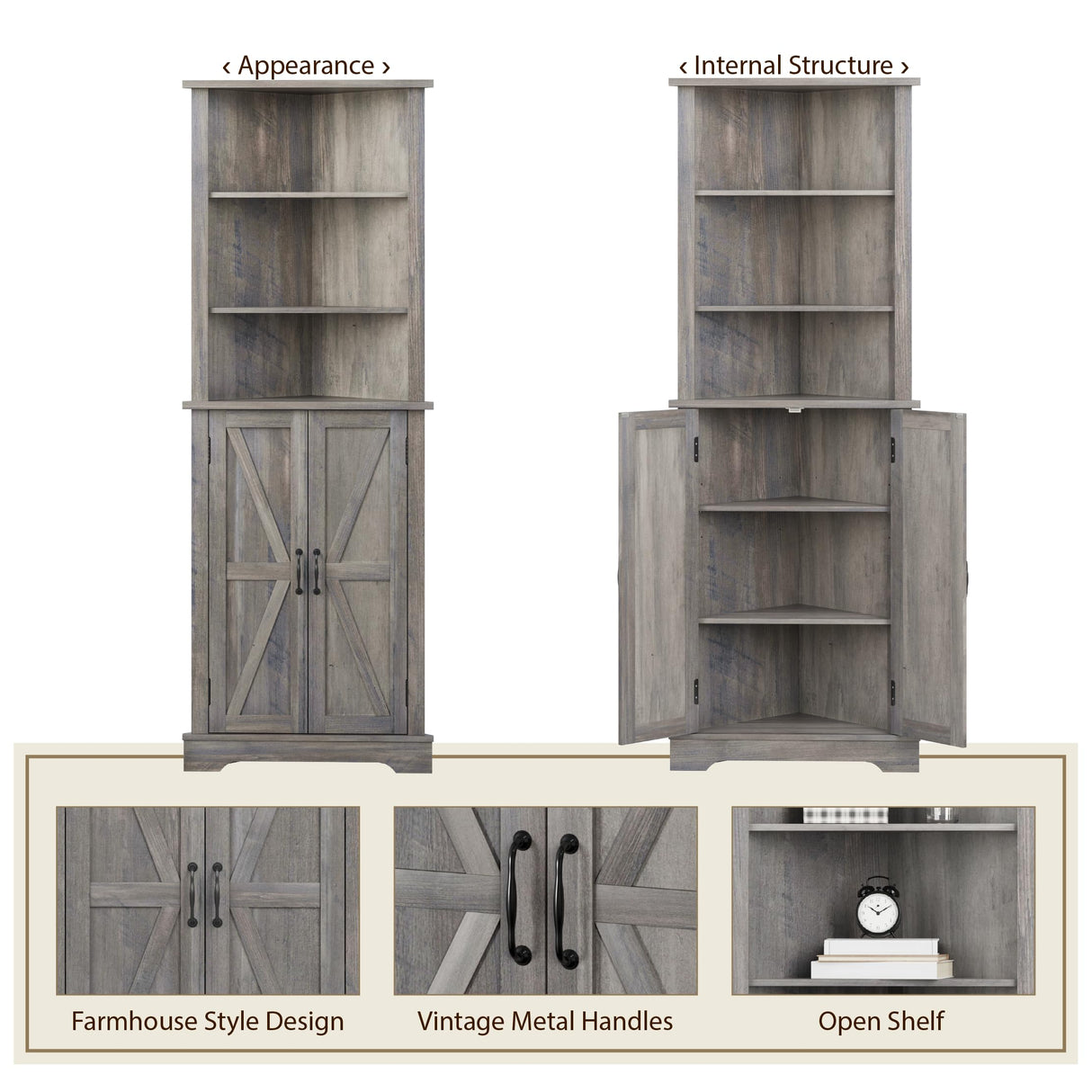 Smuxee Tall Corner Storage Cabinet, Farmhouse Corner Cabinet with Barn Door and Adjustable Shelf, Wash Grey Freestanding Cabinet Organizer for Bathroom, Kitchen, Living Room Smuxee