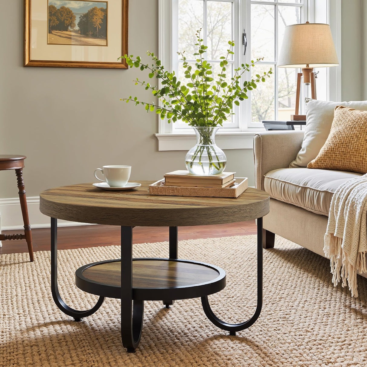 Tribesigns Round Coffee Table, 2-Tier Modern Wood Circle Center Table with Storage Shelf and Metal Frame, 31.5" Farmhouse Accent Cocktail Table for Living Room, Small Space, Brown Tribesigns