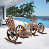 FURNDOOR 3 PCs Patio Rocking Chair Set, Outdoor Wooden Rocker Bistro Set with Coffee Table Wagon Wheel Rustic Chairs for Garden Country Yard FURNDOOR